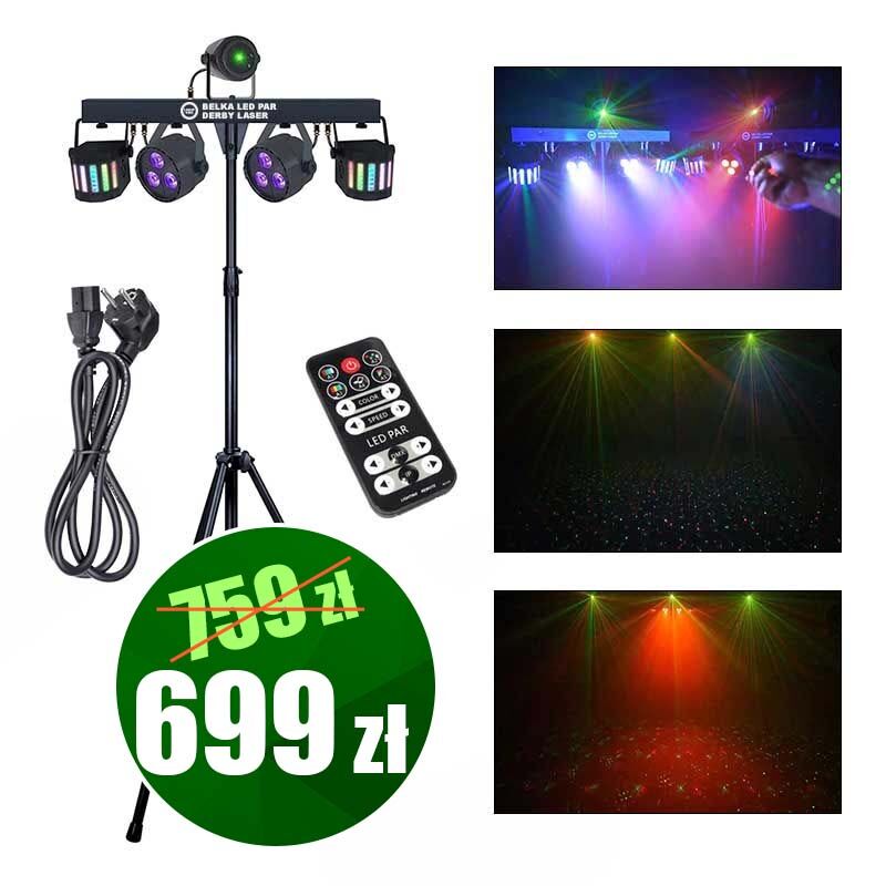 LIGHT4ME BELKA LED PAR DERBY LASER multiefekt świetlny zestaw oświetlenie disco