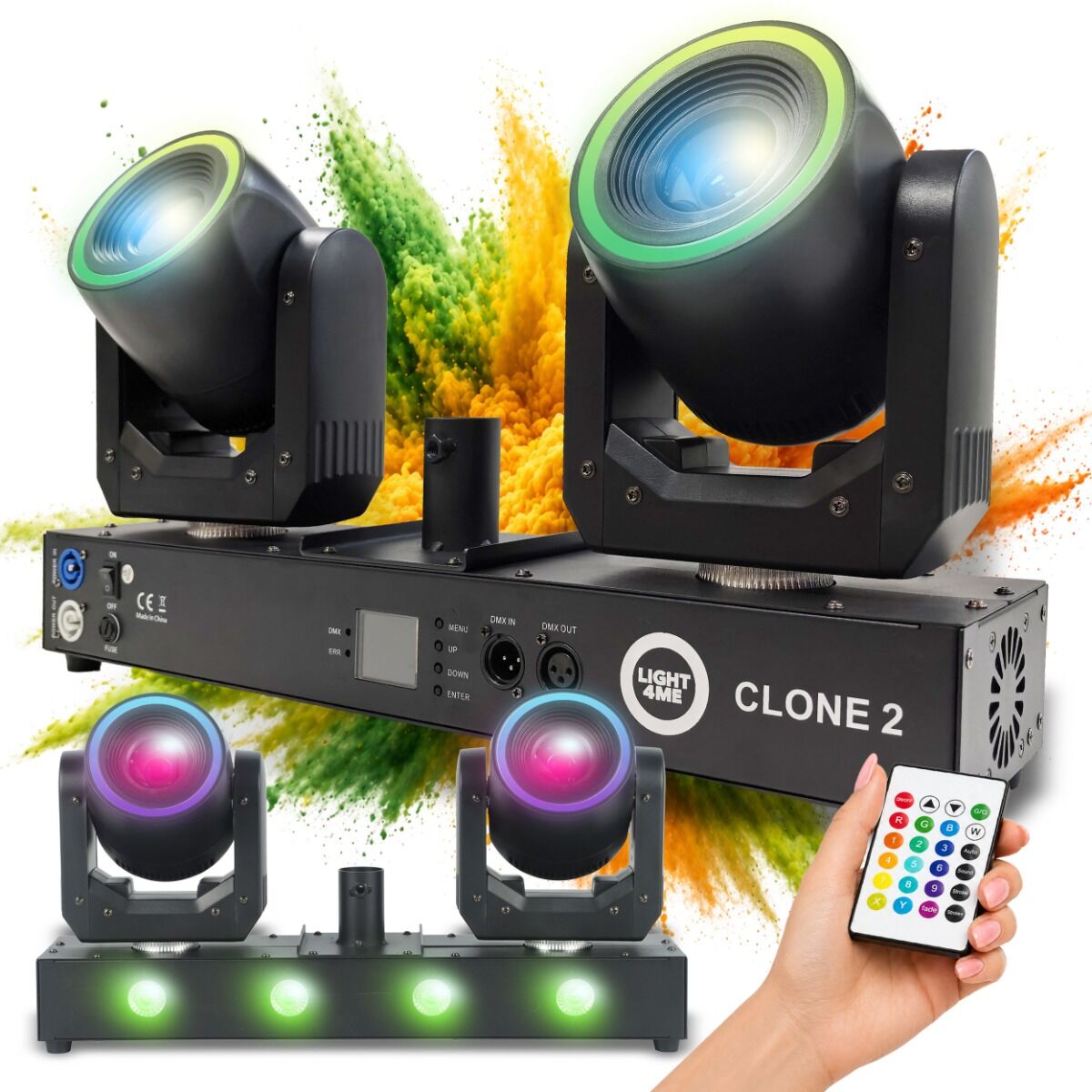 LIGHT4ME CLONE 2 multiefekt oświetleniowy 3w1 oświetlenie sceniczne LED DMX 2x głowica ruchoma spot 100W efekt ring 48x0,2W SMD 5050 RGB efekt wash 4x12W RGBWAUV adapter statywu oświetleniowego 35 mm pilot bezprzewodowy 2x uchwyt montażowy omega