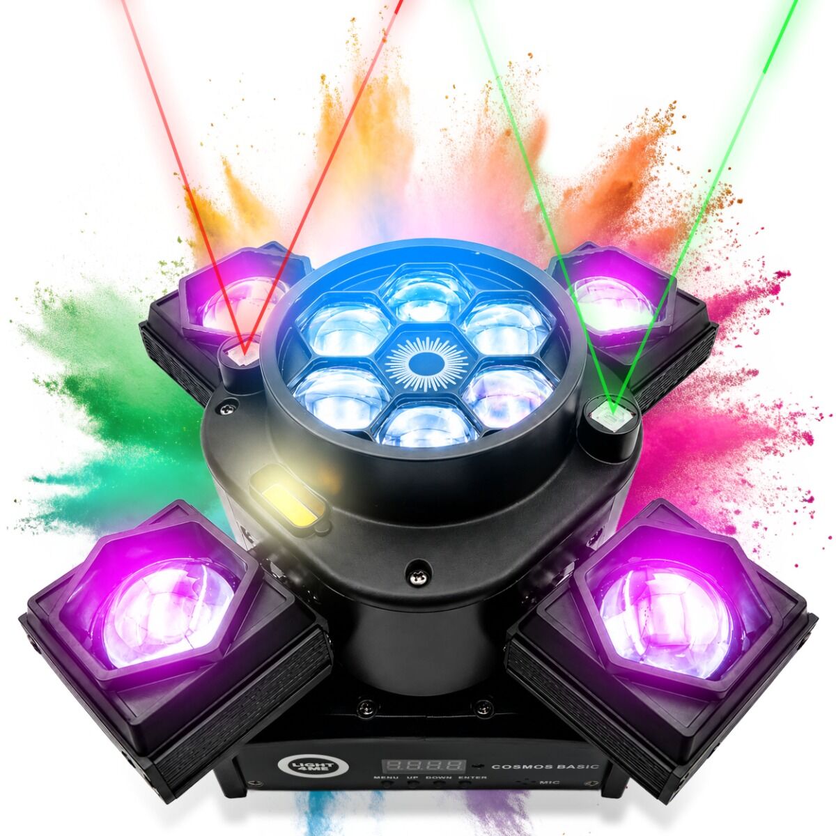 LIGHT4ME COSMOS BASIC ruchomy multiefekt oświetleniowy 4w1 oświetlenie sceniczne LED DMX Beam 4x15W RGBW CREE Bee Eye 6x8W RGBW laser czerwony 100 mW laser zielony 100 mW Golden Strobe 2x5W A pilot bezprzewodowy uchwyt montażowy omega
