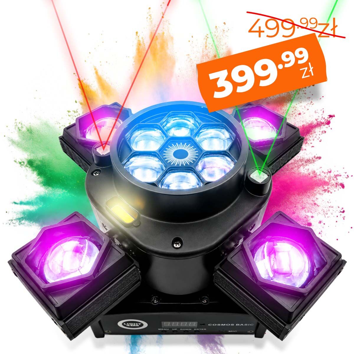 LIGHT4ME COSMOS BASIC ruchomy multiefekt oświetleniowy 4w1 oświetlenie sceniczne LED DMX Beam 4x15W RGBW CREE Bee Eye 6x8W RGBW laser czerwony 100 mW laser zielony 100 mW Golden Strobe 2x5W A pilot bezprzewodowy uchwyt montażowy omega