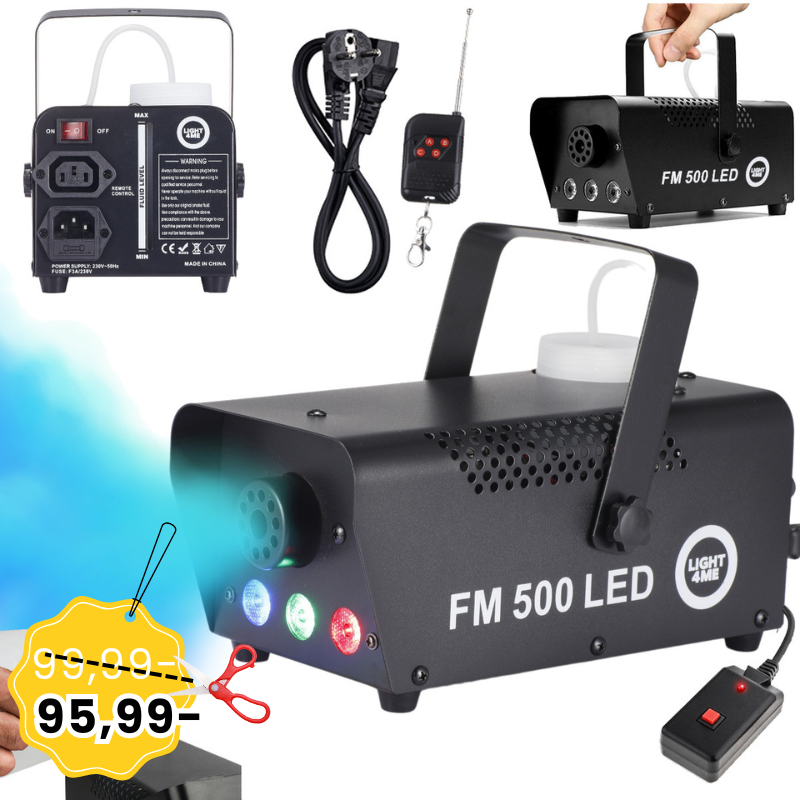 LIGHT4ME FM 500 LED V2 wytwornica dymu mgły pilot bezprzewodowy kontroler przewodowy 500W efekt świetlny 3x1W RGB