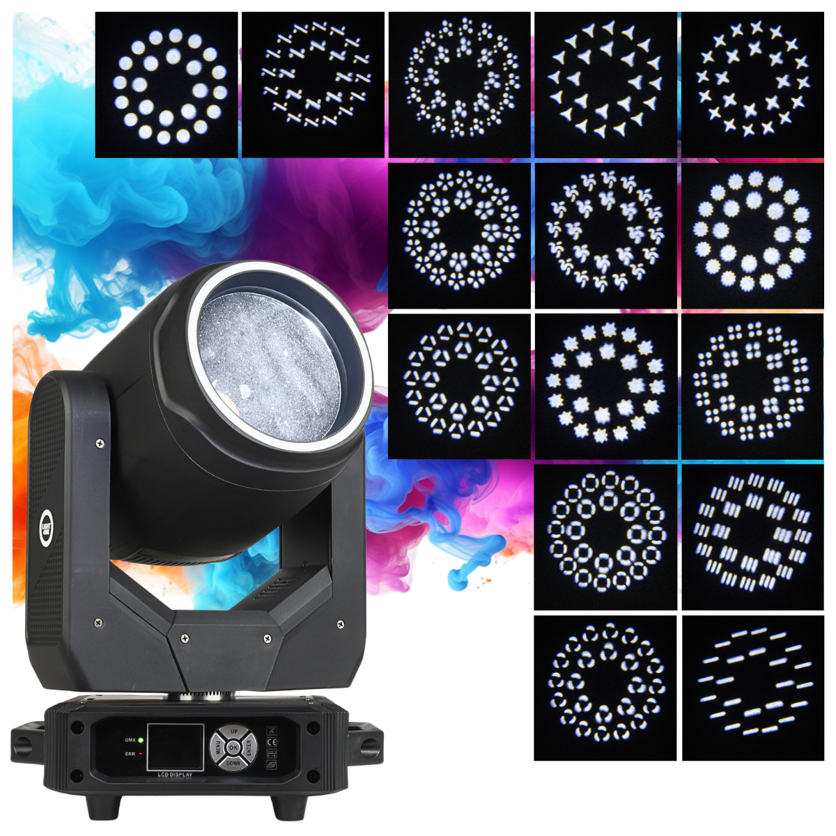 LIGHT4ME FOCUS 200W BEAM RING LED głowica ruchoma oświetlenie sceniczne efekt ring 27x0,5W RGB SMD LED uchwyt montażowy omega