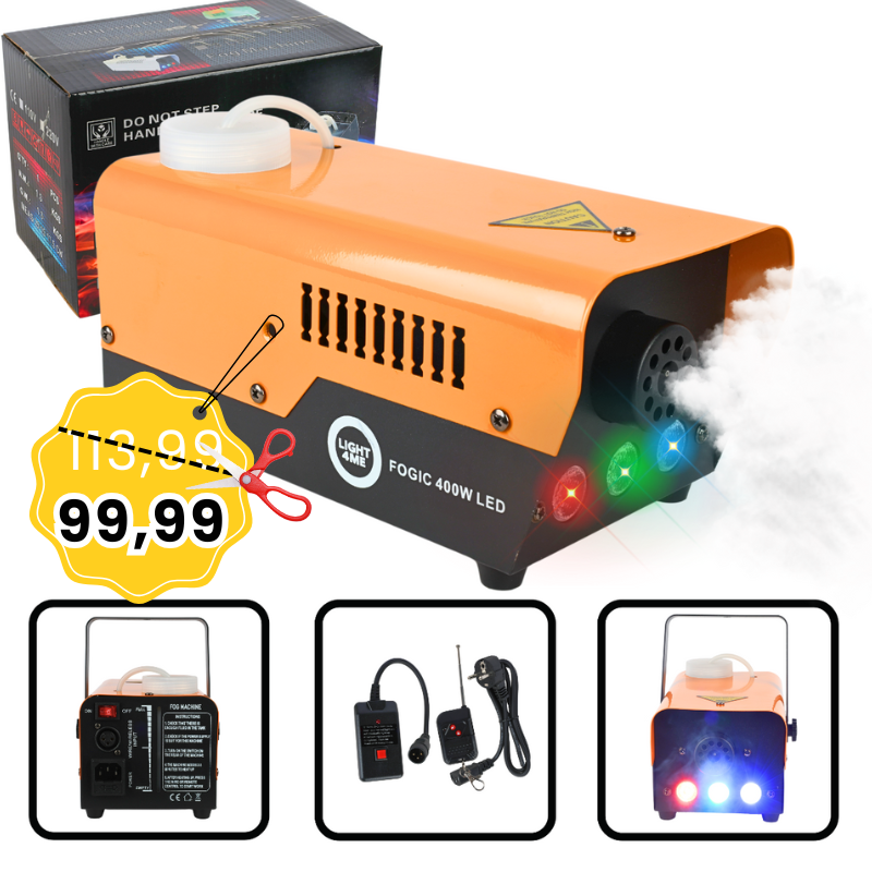 LIGHT4ME FOGIC 400W LED generator wytwornica dymu mgły efekt świetlny RGB pilot bezprzewodowy kontroler przewodowy uchwyt montażowy