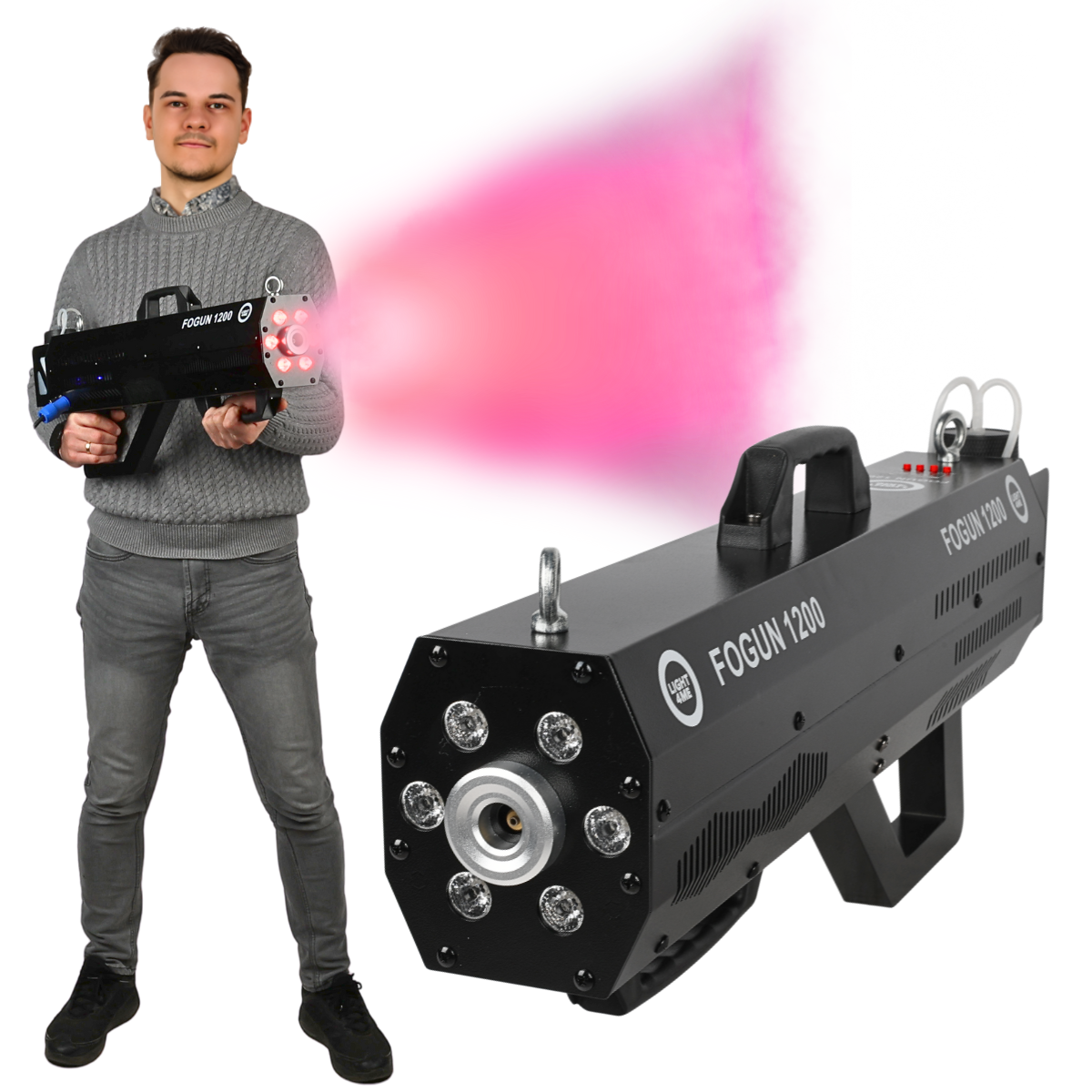 LIGHT4ME FOGun 1200 generator wytwornica dymu mgły 1200W karabin 6x3W RGB LED pasek na ramię