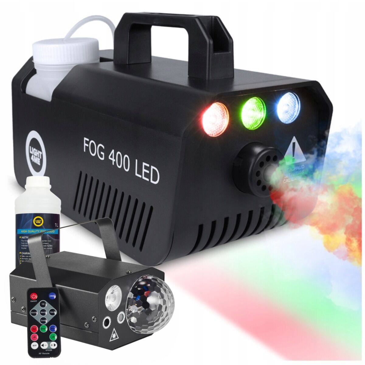 LIGHT4ME GIG SET 1 wytwornica dymu 400W LED płyn do dymu 1l efekt oświetleniowy 4w1 RGBW+RGB+laser R/G zestaw na event imprezę