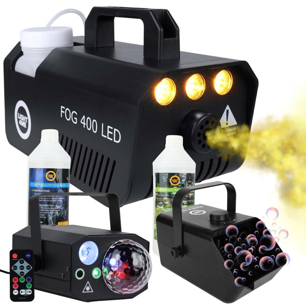 LIGHT4ME GIG SET 2 wytwornica dymu 400W LED płyn do dymu 1l akumulatorowa wytwornica baniek płyn do baniek 1l efekt oświetleniowy 4w1 RGBW+RGB+laser R/G zestaw na event imprezę