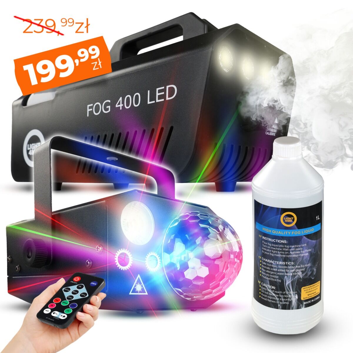 LIGHT4ME GIG SET 1 wytwornica dymu 400W LED płyn do dymu 1l efekt oświetleniowy 4w1 RGBW+RGB+laser R/G zestaw na event imprezę