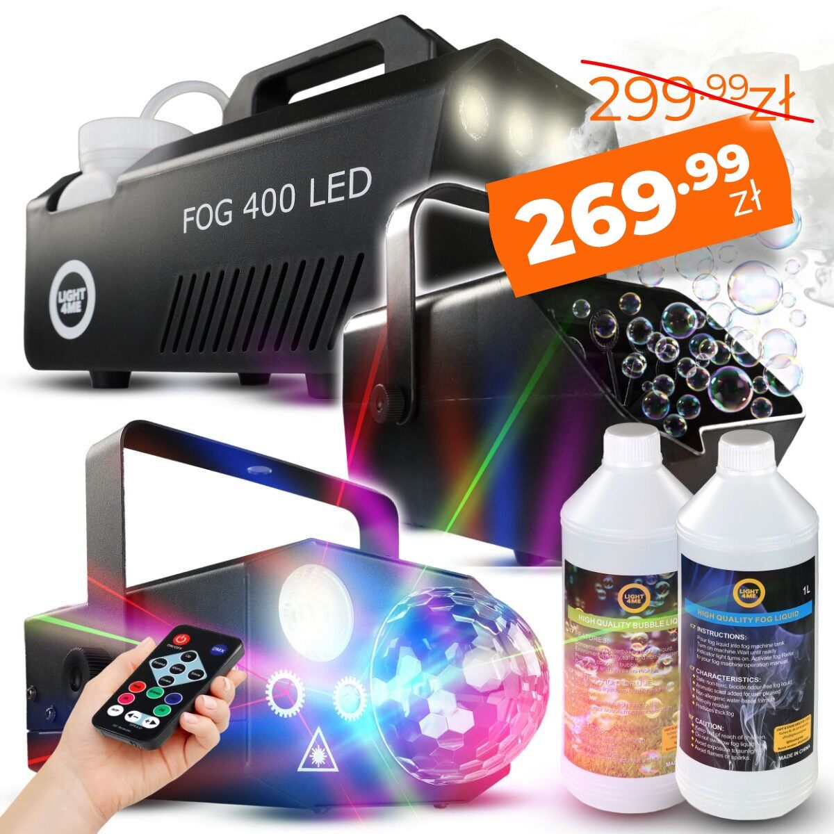 LIGHT4ME GIG SET 2 wytwornica dymu 400W LED płyn do dymu 1l akumulatorowa wytwornica baniek płyn do baniek 1l efekt oświetleniowy 4w1 RGBW+RGB+laser R/G zestaw na event imprezę