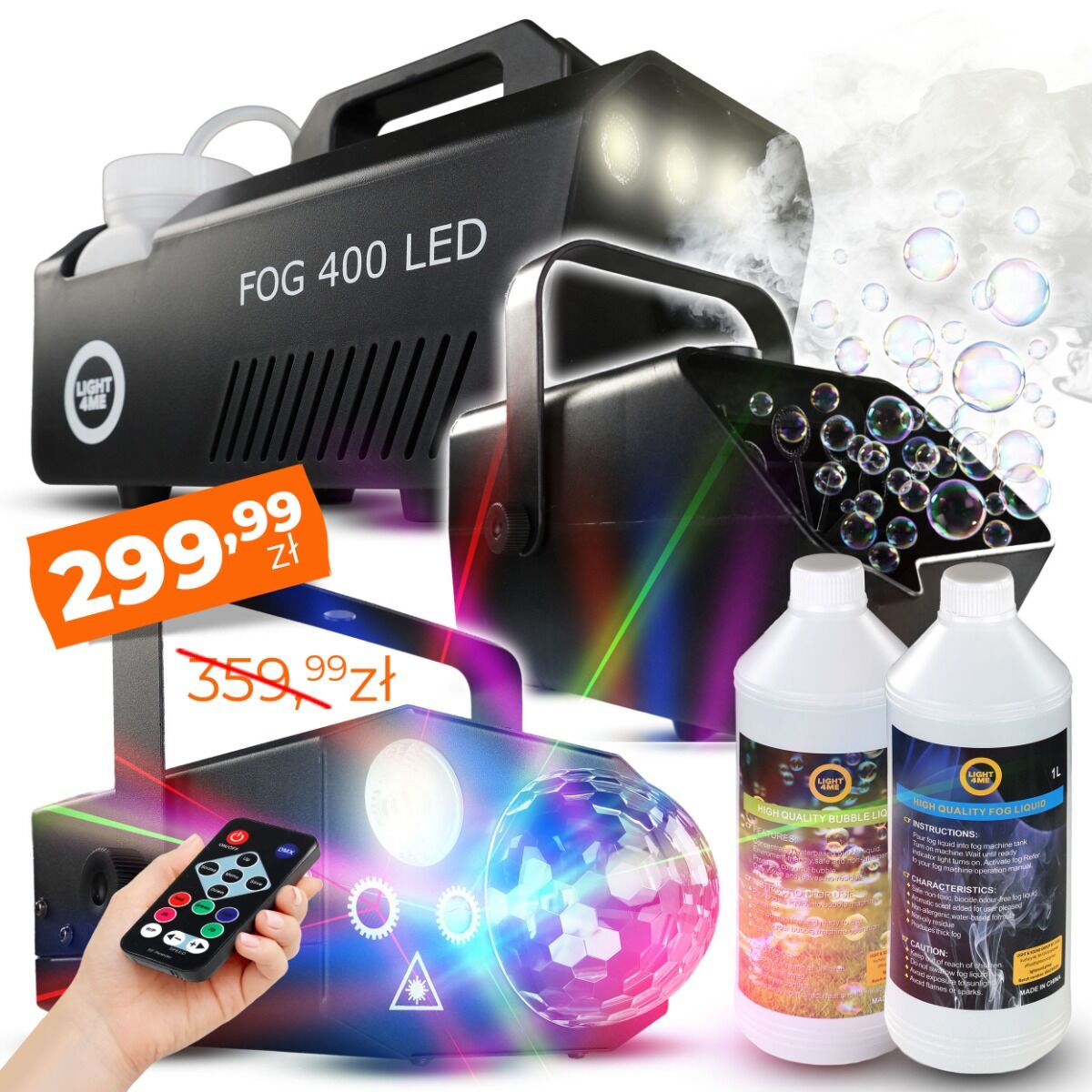 LIGHT4ME GIG SET 2 wytwornica dymu 400W LED płyn do dymu 1l akumulatorowa wytwornica baniek płyn do baniek 1l efekt oświetleniowy 4w1 RGBW+RGB+laser R/G zestaw na event imprezę