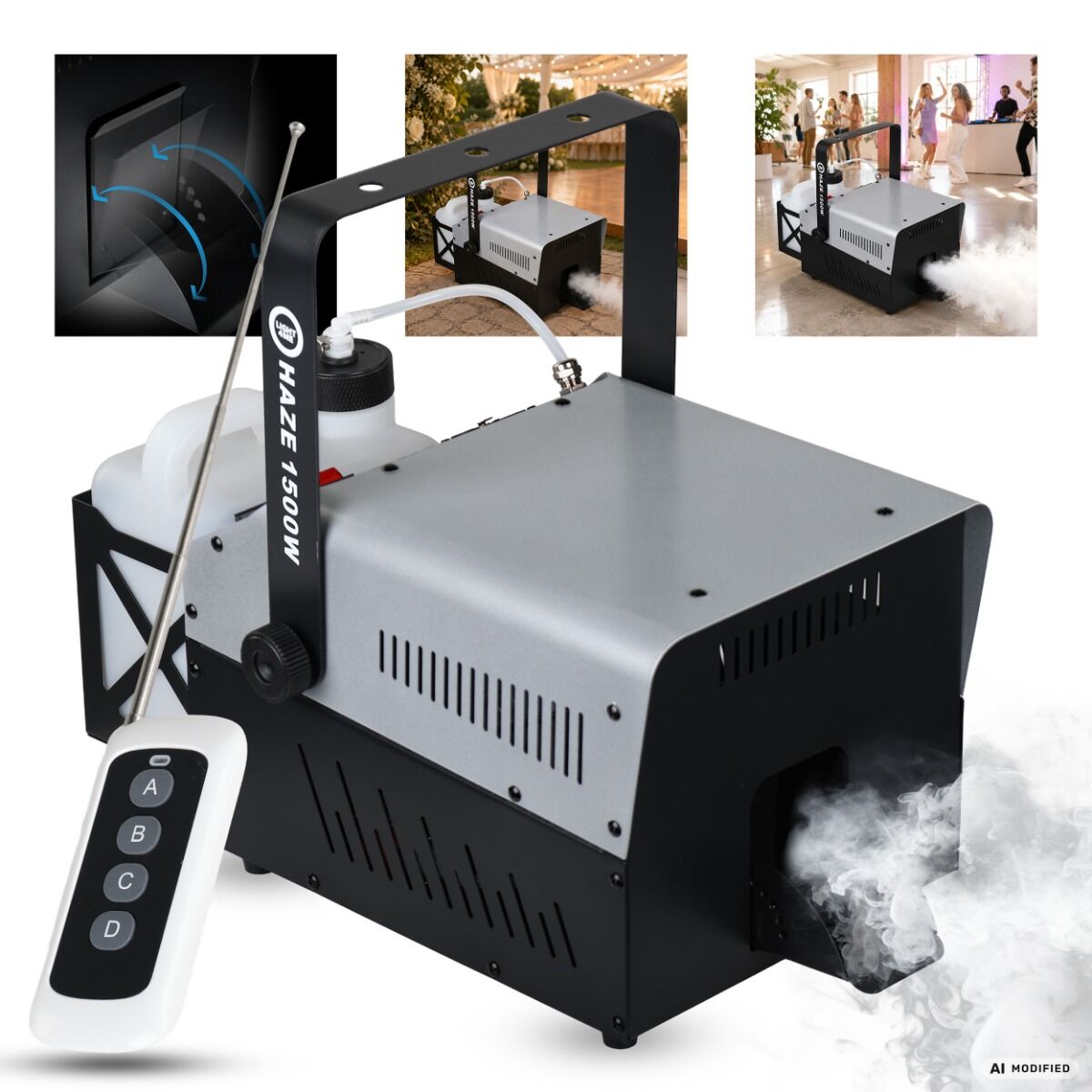 LIGHT4ME HAZE 1500W generator wytwornica dymu mgły hazer DMX pilot bezprzewodowy uchwyt montażowy