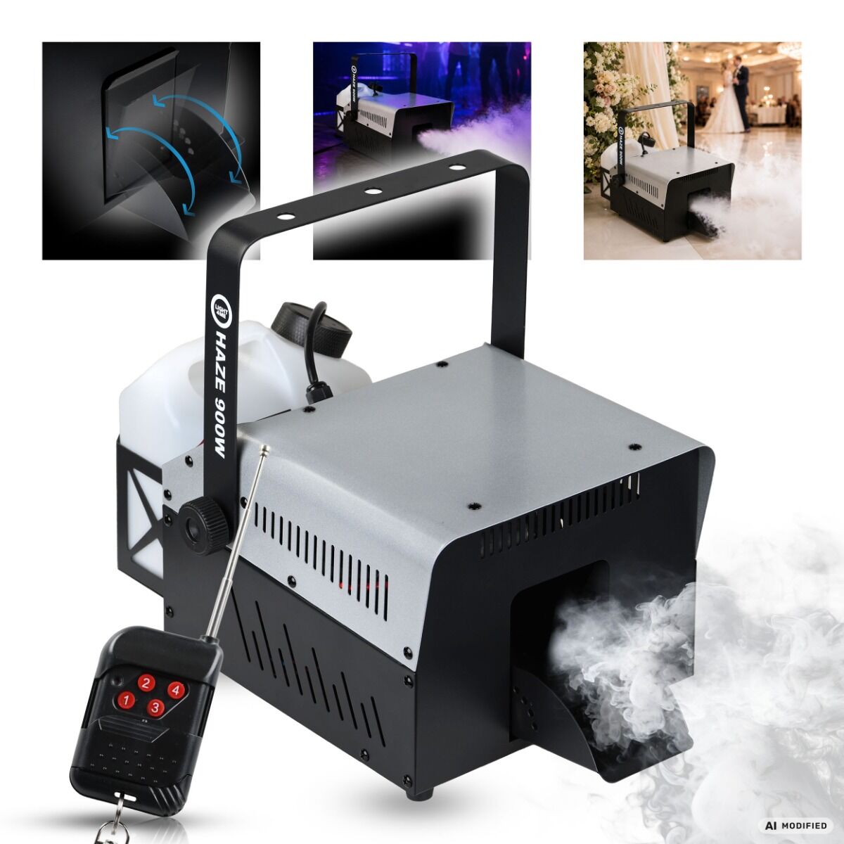 LIGHT4ME HAZE 900W generator wytwornica dymu mgły hazer DMX pilot bezprzewodowy uchwyt montażowy