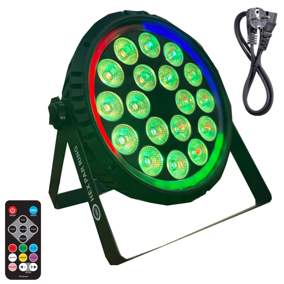 LIGHT4ME HEX PAR RING reflektor sceniczny efekt oświetleniowy DMX 18x6W RGBWA+UV LED+30x0,3W RGB SMD 5050 LED efekt ring pilot bezprzewodowy 2x uchwyt montażowy