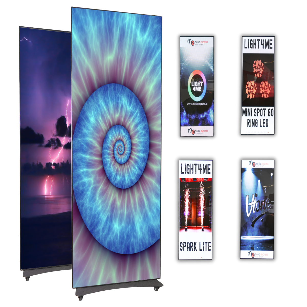 LIGHT4ME LED POSTER 2 ekran LED wyświetlacz wewnętrzny zdalnie sterowany P2.5 256x768 PC USB Wi-Fi Android HDMI zestaw 2 szt. case