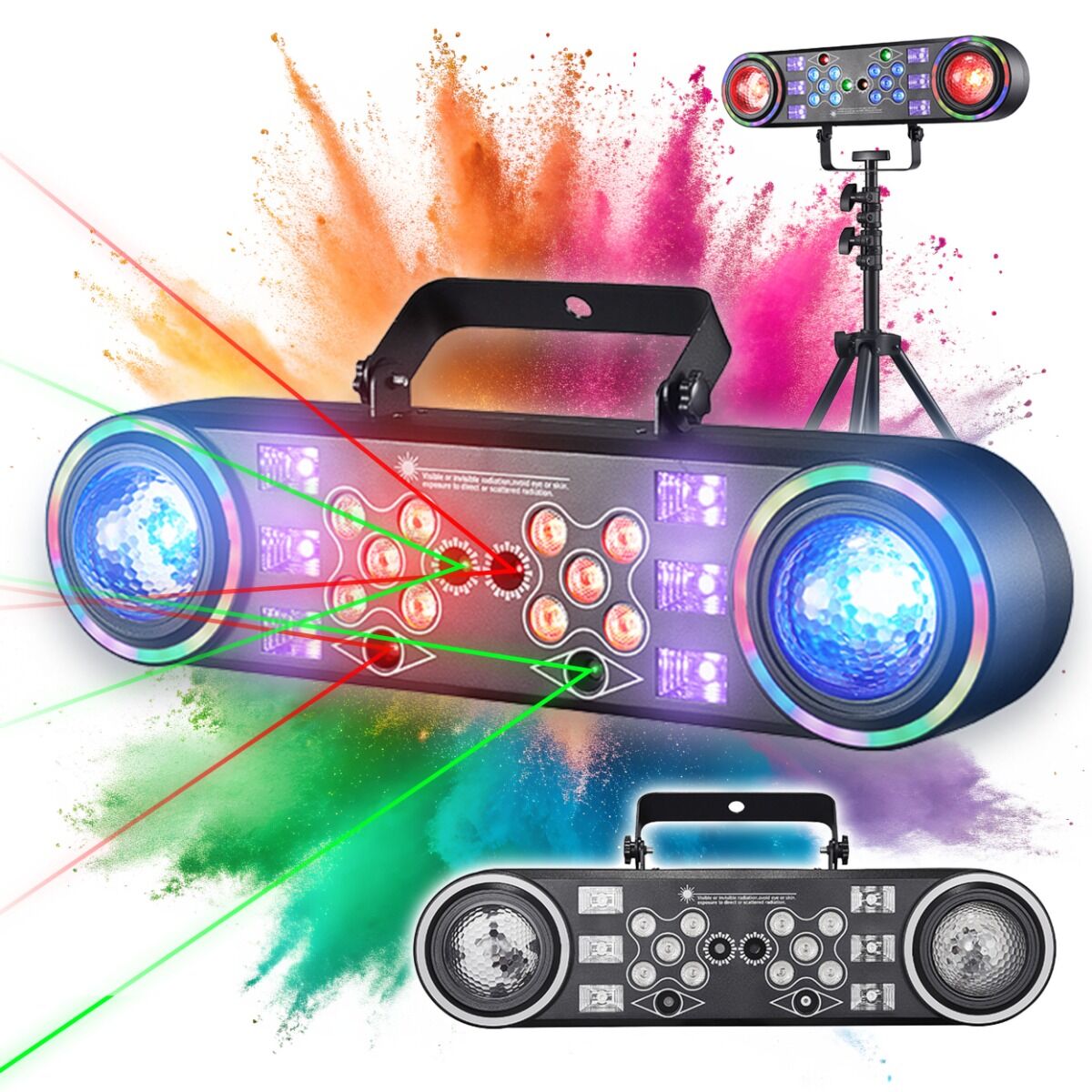LIGHT4ME MAGIC BAR 4 multiefekt oświetleniowy 6w1 LED DMX Magic Ball 15W RGBW Water Wave 15W RGBW Ring 42x0,2W RGB Wash 10x4W RGBW efekt UV 6x3W 2x laser czerwony 100 mW 2x laser zielony 50 mW statyw pilot bezprzewodowy uchwyt montażowy torba transportowa
