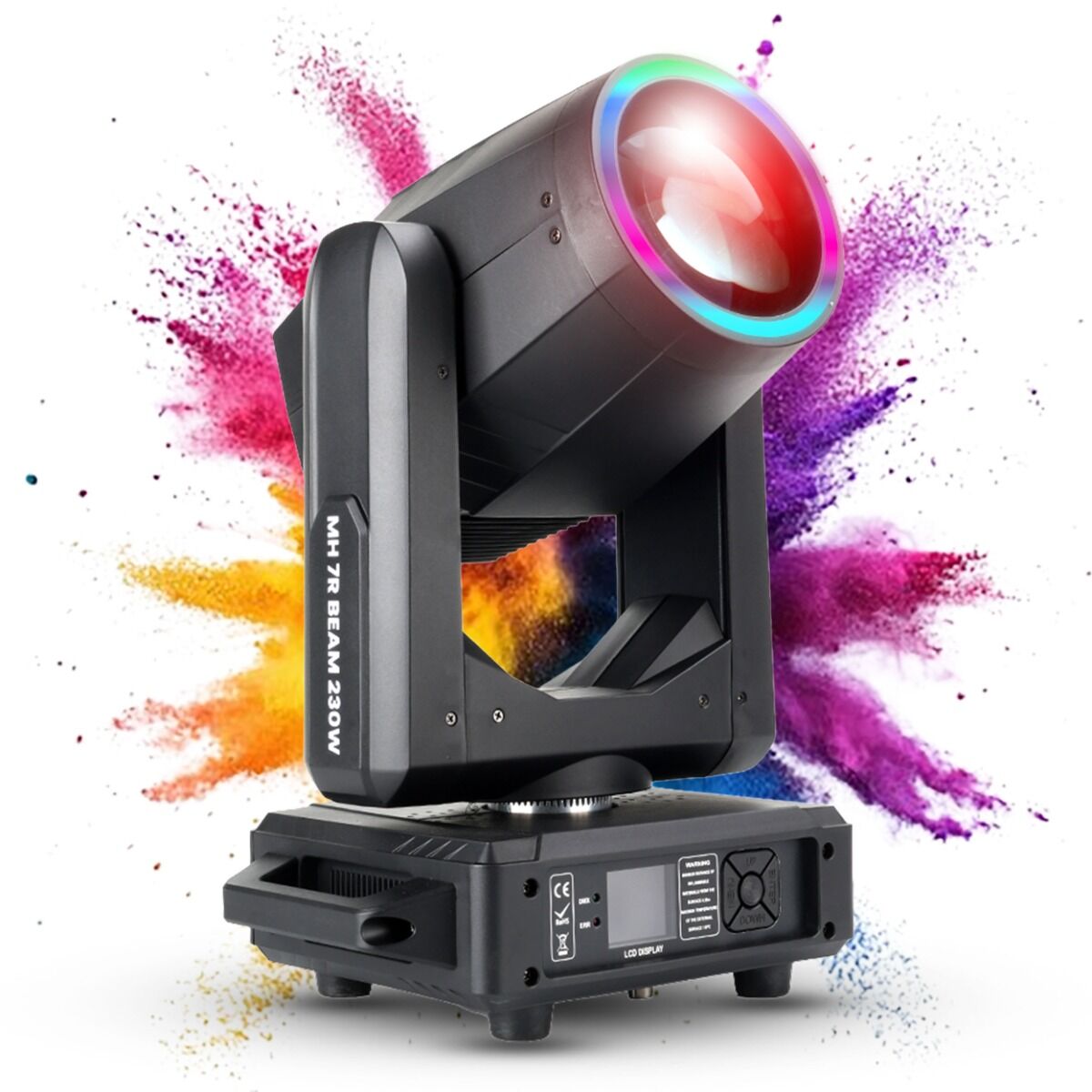LIGHT4ME MH 7R BEAM 230W głowica ruchoma beam lampa wyładowcza oświetlenie sceniczne DMX efekt ring LED uchwyt montażowy