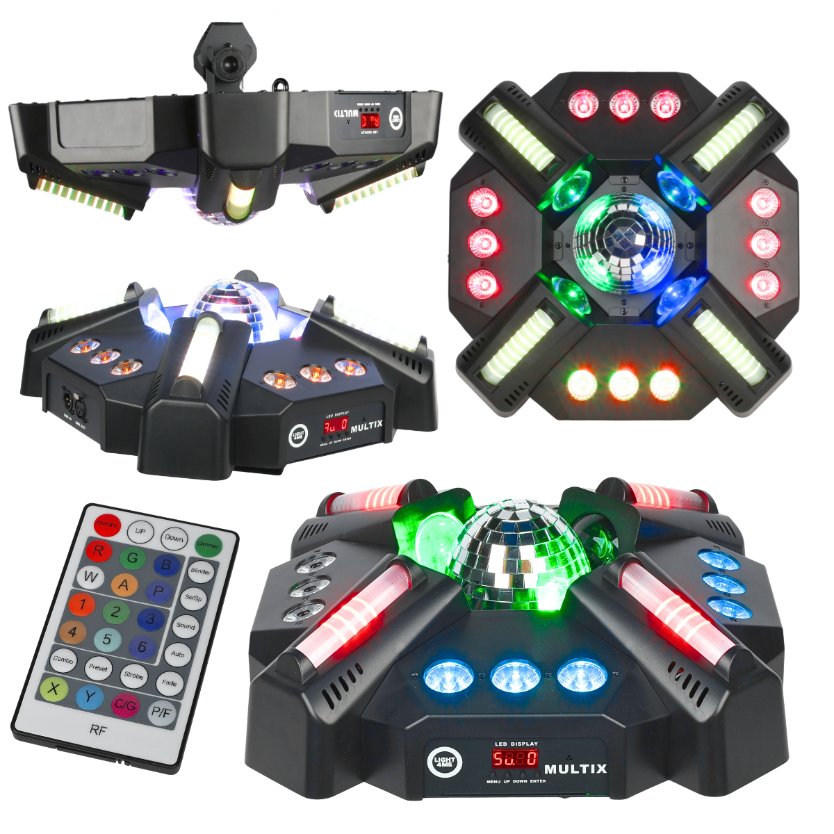 LIGHT4ME MULTIX multiefekt świetlny 3w1 LED sceniczny pilot bezprzewodowy uchwyt montażowy 4x30W RGBW SMD 5060+12x3W RGBWAUV SMD 15090+40x0,2W RGB SMD 3528