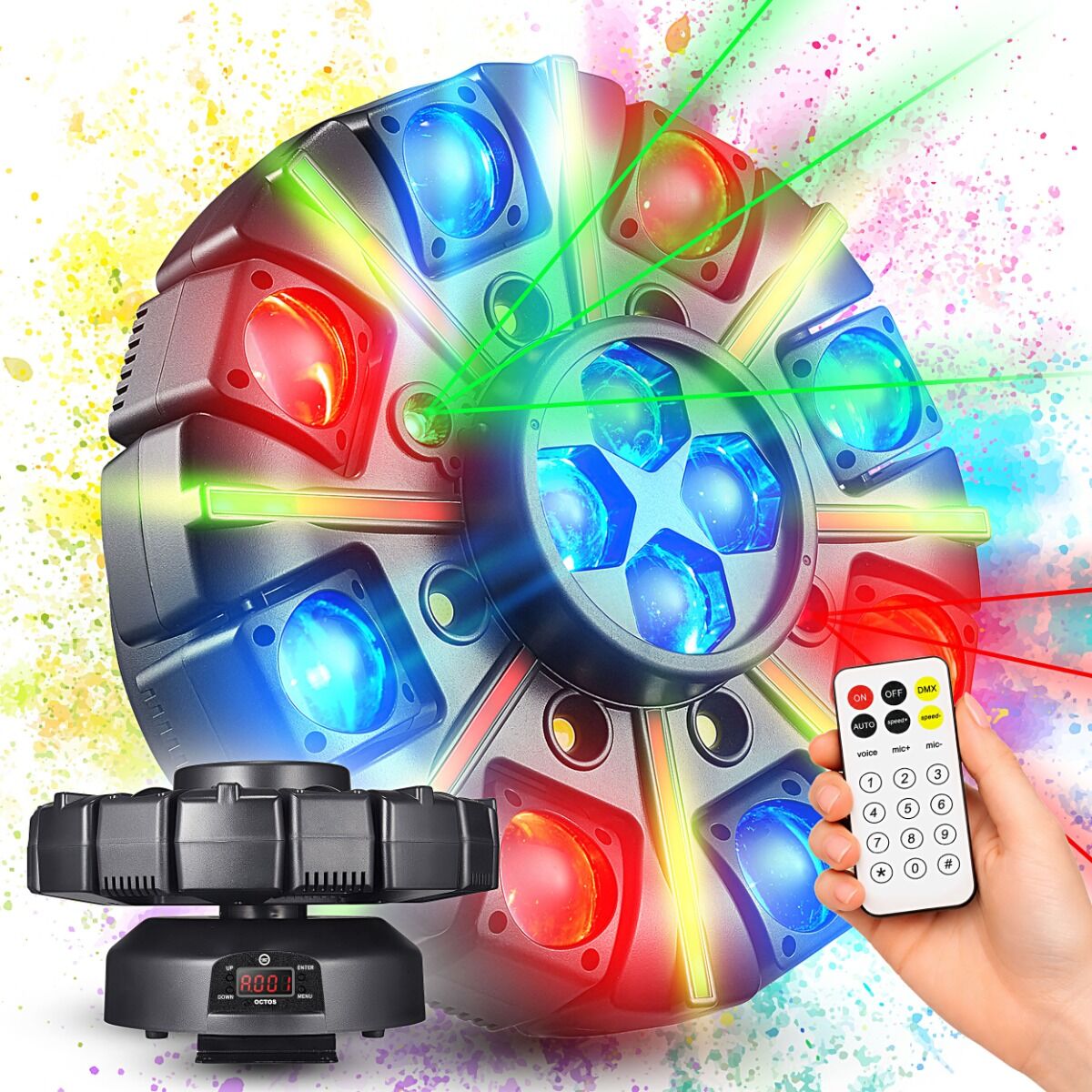 LIGHT4ME OCTOS ruchomy multiefekt oświetleniowy 7w1 LED DMX Beam RGBW Bee Eye RGBW laser czerwony laser zielony White Strobe CW Golden Strobe WW Strip RGB pilot bezprzewodowy uchwyt montażowy