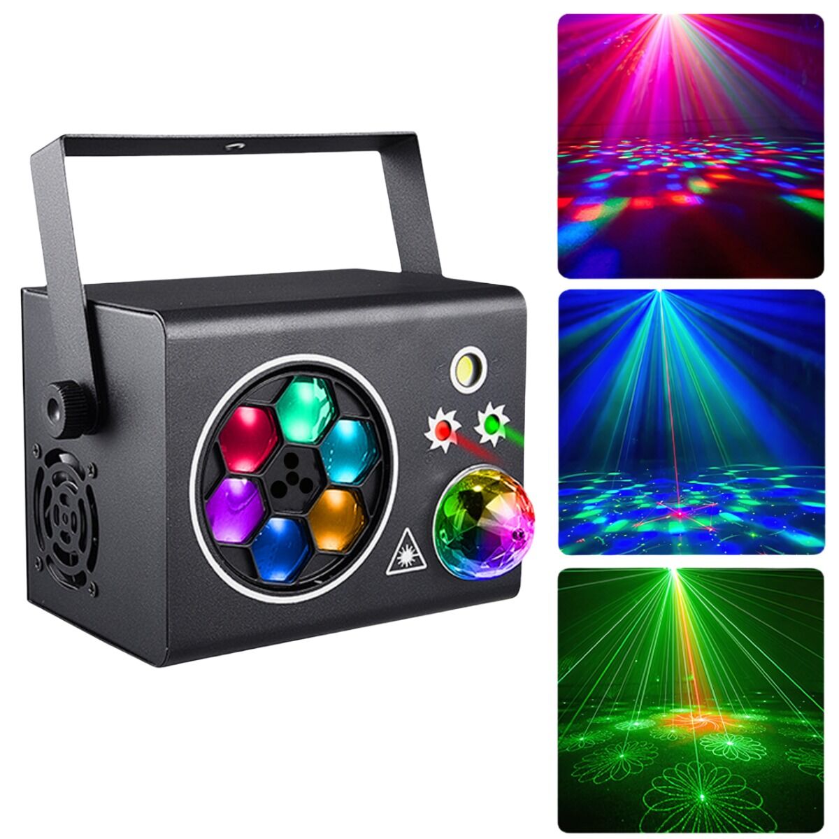 LIGHT4ME PARTY BOX-A efekt dyskotekowy multiefekt oświetleniowy LED DMX 5w1 gobo 6x3W R/G/B/W/P/Y kula disco 3x1W R/G/B laser R/G biały stroboskop 1x10W W uchwyt montażowy