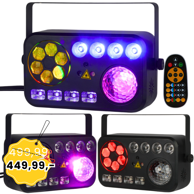 LIGHT4ME PARTY V multiefekt świetlny LED RGBW-UV 6w1 efekt Bee Eye biały stroboskop UV Water Wave par 2x laser R/G oświetlenie DJ klubowe dyskotekowe