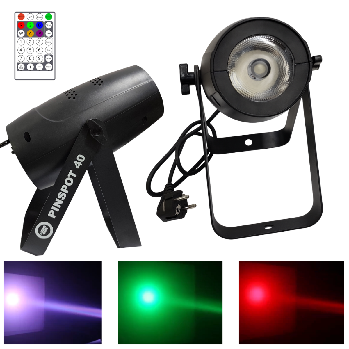 LIGHT4ME PINSPOT 40 reflektor sceniczny 40W RGBW SMD5060 LED pilot bezprzewodowy 2x uchwyt montażowy