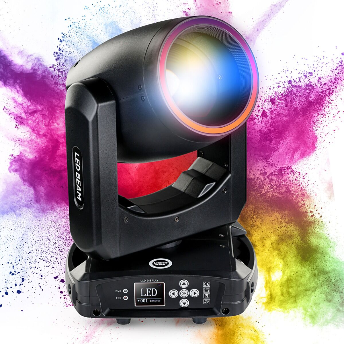 LIGHT4ME PRISMO BEAM 150W głowica ruchoma beam oświetlenie sceniczne LED DMX efekt ring 23 × 0,2W RGB SMD LED uchwyty montażowe omega