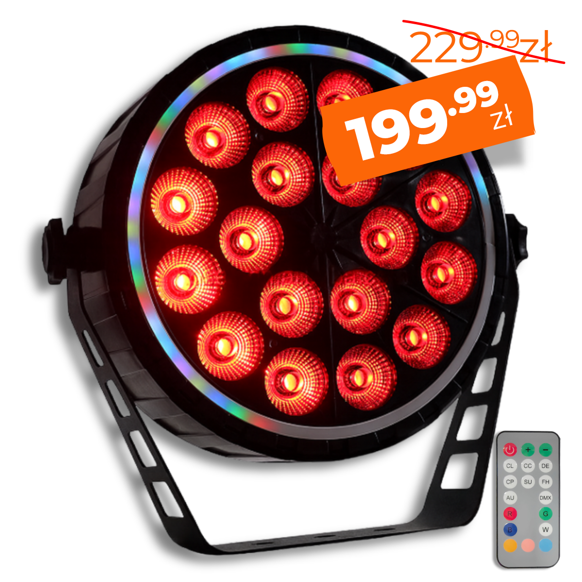 LIGHT4ME RING PAR 18 RGBW reflektor sceniczny efekt oświetleniowy DMX 18x10W RGBW LED+51x0,3W RGB LED efekt ring pilot bezprzewodowy uchwyt montażowy