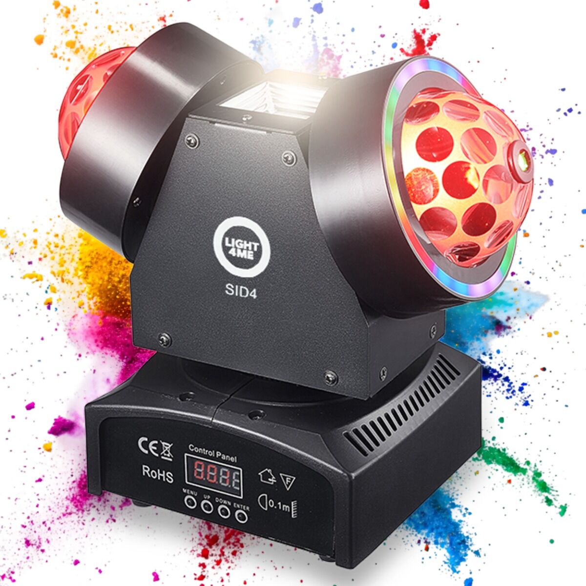 LIGHT4ME SID4 ruchomy multiefekt oświetleniowy 4w1 oświetlenie sceniczne LED DMX Magic Ball 8x3W R/G/B/W Ring 42x0,2W RGB laser czerwony 50 mW laser zielony 50 mW White Strobe 10W CW pilot bezprzewodowy uchwyt montażowy omega