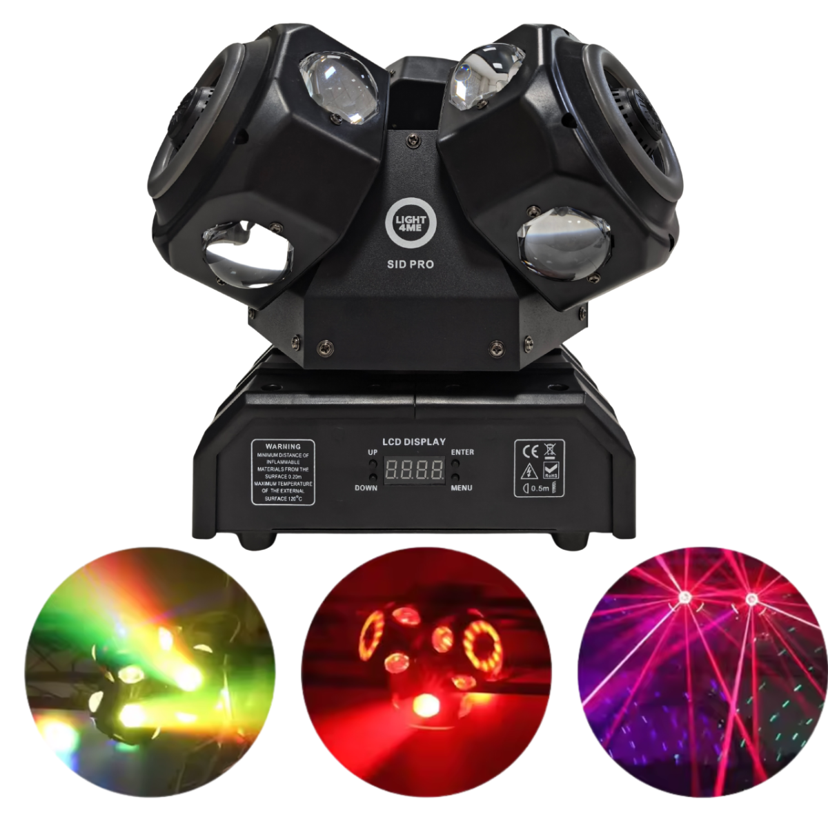 LIGHT4ME SID PRO ruchomy multiefekt świetlny 5w1 oświetlenie sceniczne LED DMX beam ring laser R/G/B 12x10W RGBW LED+36x0,2W RGB SMD 5050 LED uchwyt montażowy