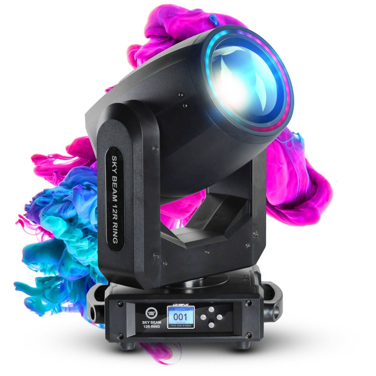 LIGHT4ME SKY BEAM 12R RING głowica ruchoma beam oświetlenie sceniczne DMX lampa wyładowcza 295W efekt ring 27x0,2W RGB SMD5050 LED 2x uchwyt montażowy omega