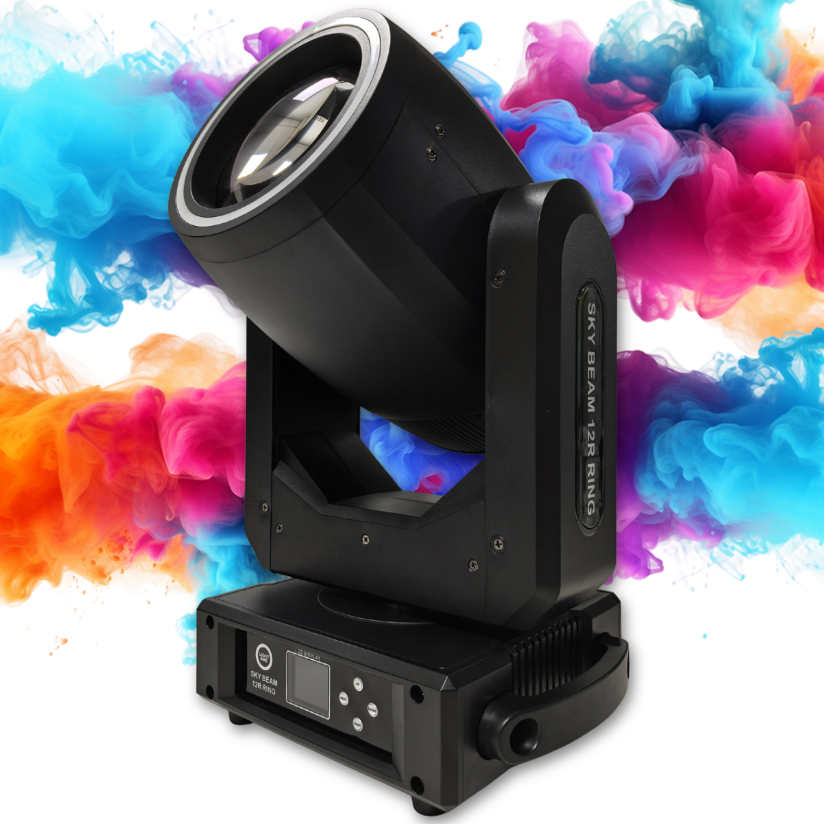 LIGHT4ME SKY BEAM 12R RING głowica ruchoma beam oświetlenie sceniczne DMX lampa wyładowcza 295W efekt ring 27x0,2W RGB SMD5050 LED 2x uchwyt montażowy omega