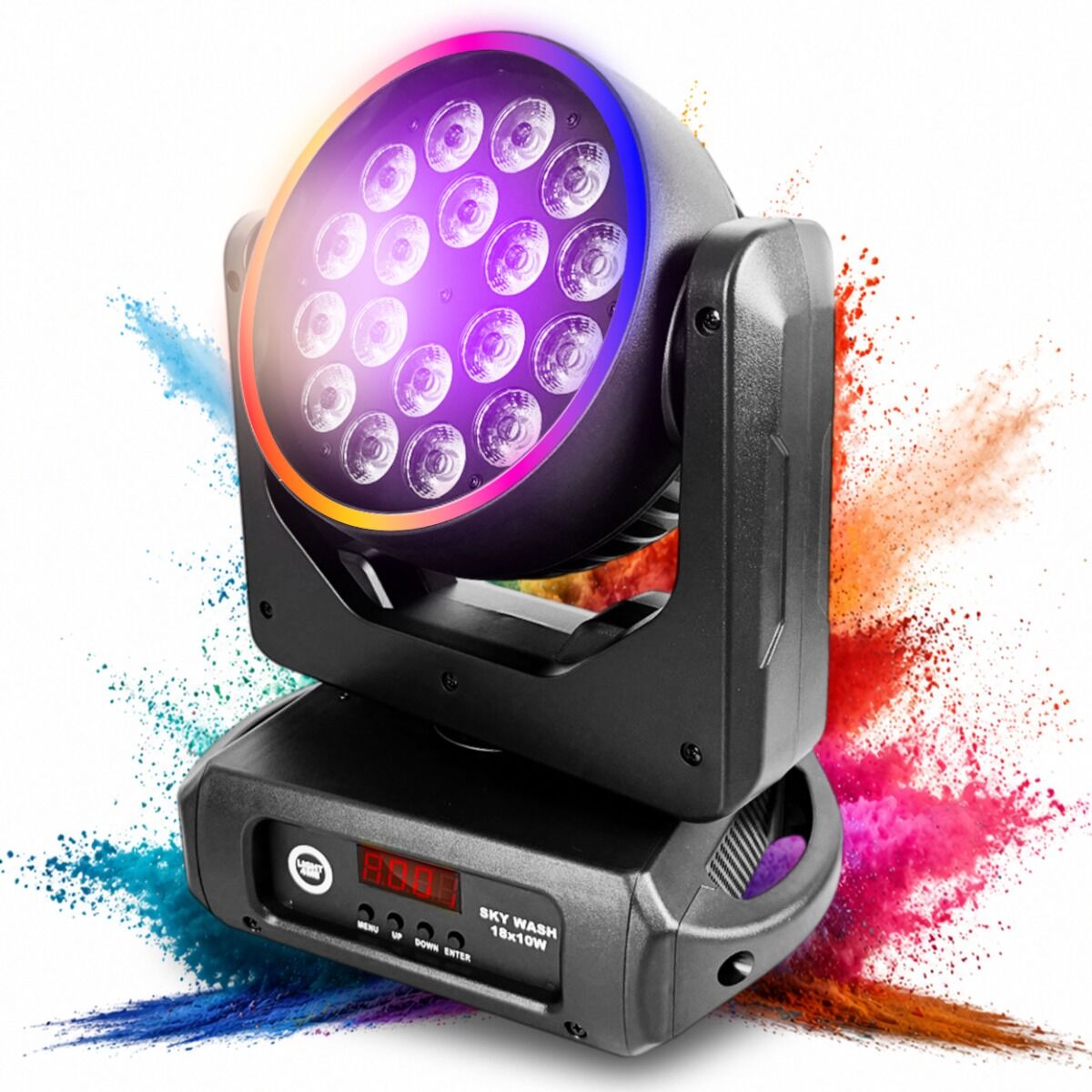 LIGHT4ME SKY WASH 18x10W RGBW głowica ruchoma wash oświetlenie sceniczne LED DMX efekt ring 60x0,2W RGB uchwyt montażowy omega