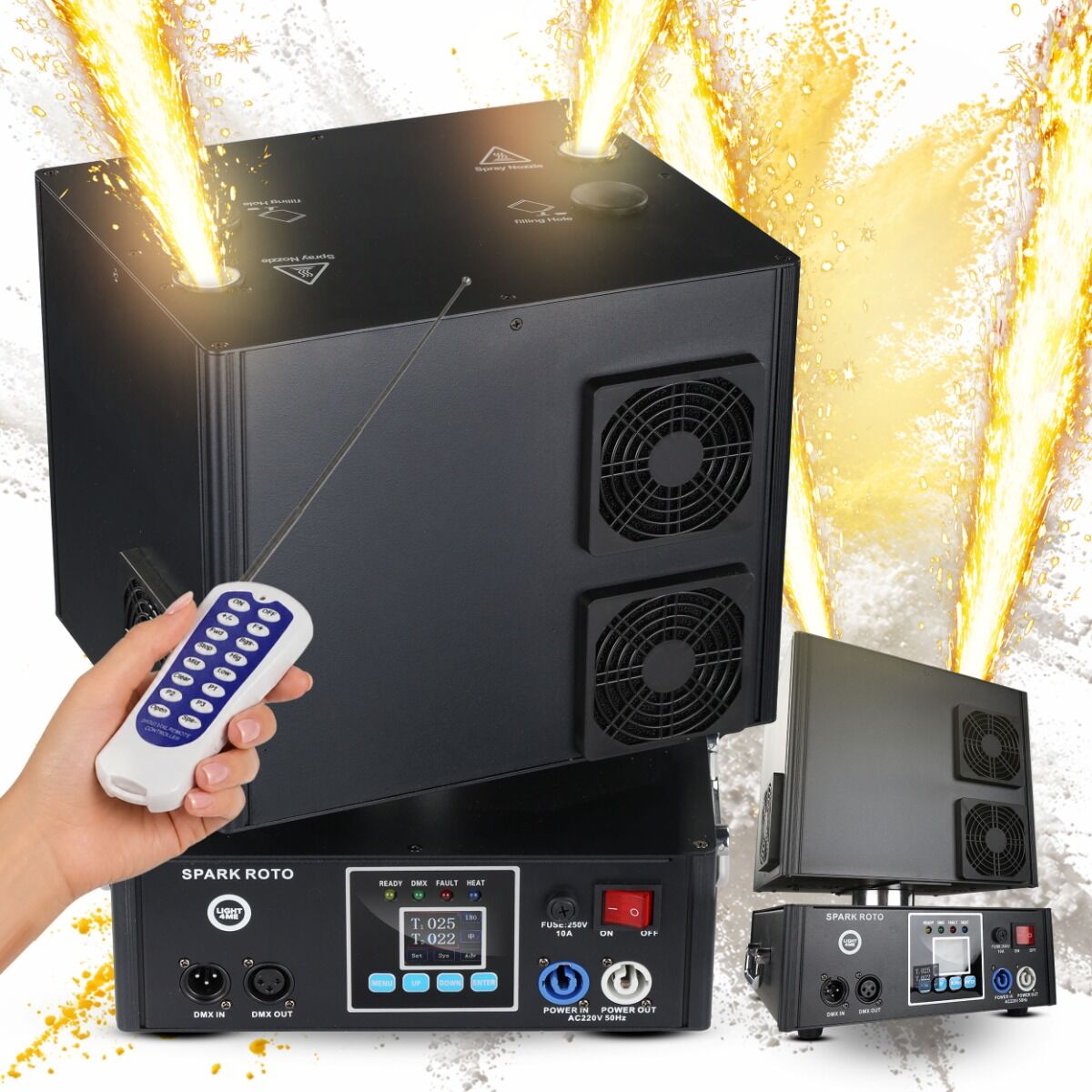 LIGHT4ME SPARK ROTO obrotowa wytwornica iskier maszyna do zimnych ogni 1300W DMX podwójna fontanna iskier do 5 metrów nieskończona rotacja efekty sekwencyjne pilot bezprzewodowy