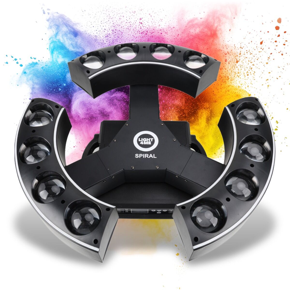 LIGHT4ME SPIRAL ruchomy efekt oświetleniowy LED DMX nieskończona rotacja 12x20W RGBW + 39x0,2W SMD 5050 RGB 2x uchwyt montażowy omega