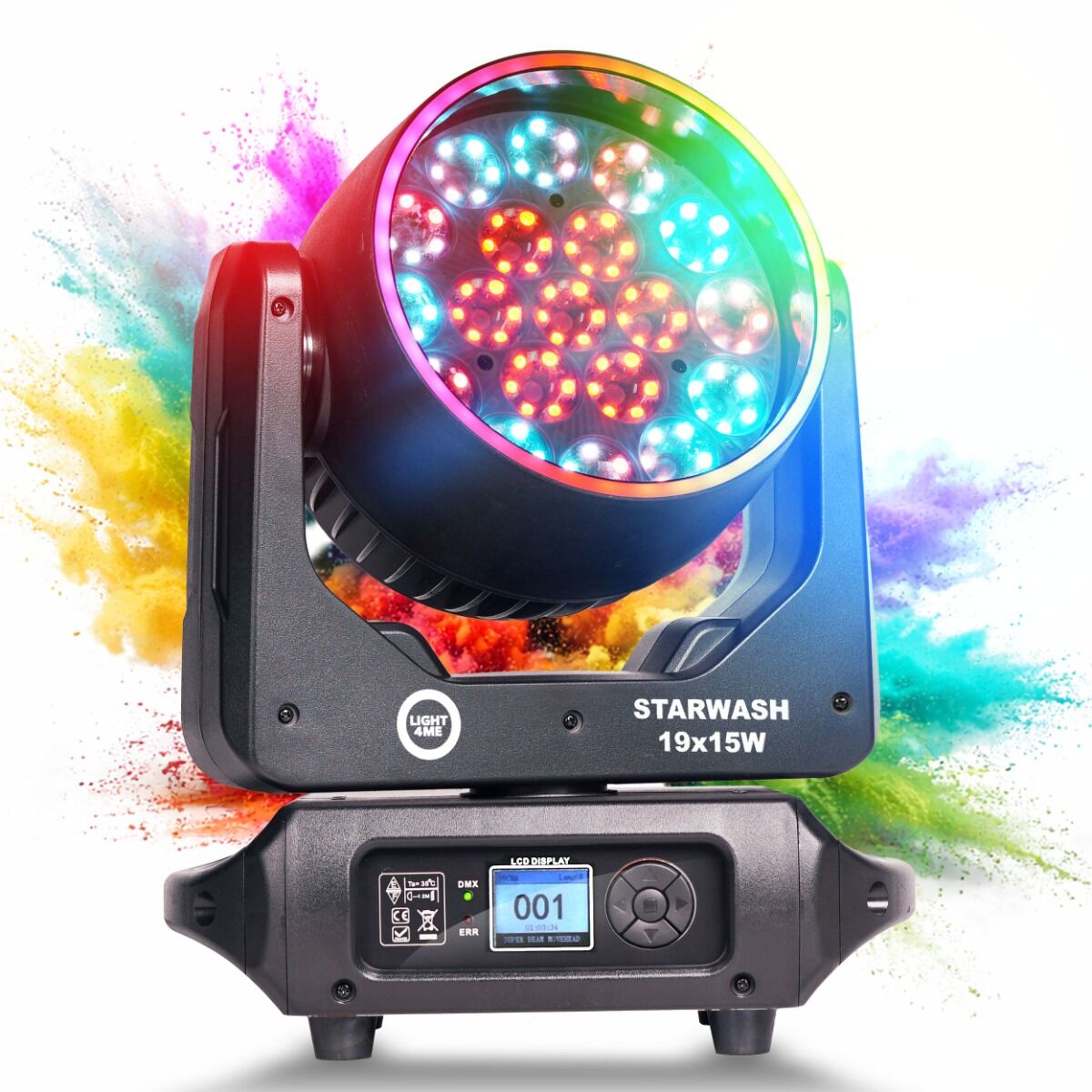 LIGHT4ME STARWASH 19x15W RGBW głowica ruchoma wash oświetlenie sceniczne LED DMX 162x0,5W RGB SMD 5050 2x efekt ring 2x uchwyt montażowy omega