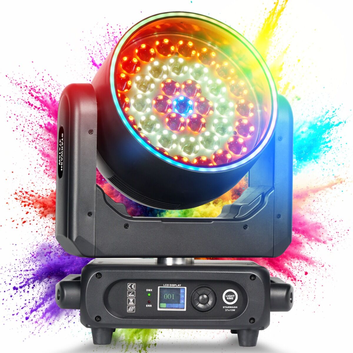 LIGHT4ME STARWASH 37x15W RGBW głowica ruchoma wash oświetlenie sceniczne LED DMX 162x0,5W RGB SMD 5050 efekt ring efekt tła 2x uchwyt montażowy omega
