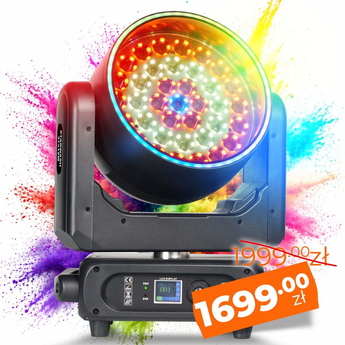 LIGHT4ME STARWASH 37x15W RGBW głowica ruchoma wash oświetlenie sceniczne LED DMX 162x0,5W RGB SMD 5050 efekt ring efekt tła 2x uchwyt montażowy omega