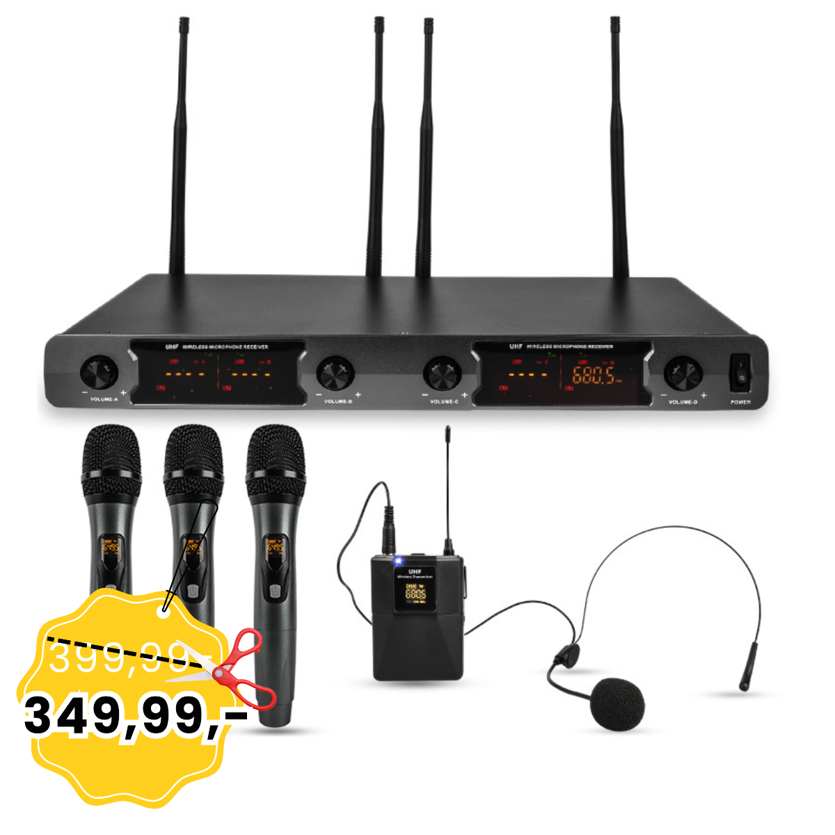 NN WMIC4 mikrofon bezprzewodowy 3x nadajnik doręczny + transmiter nagłowny bodypack system nagłośnienia UHF 648,5-690 MHz