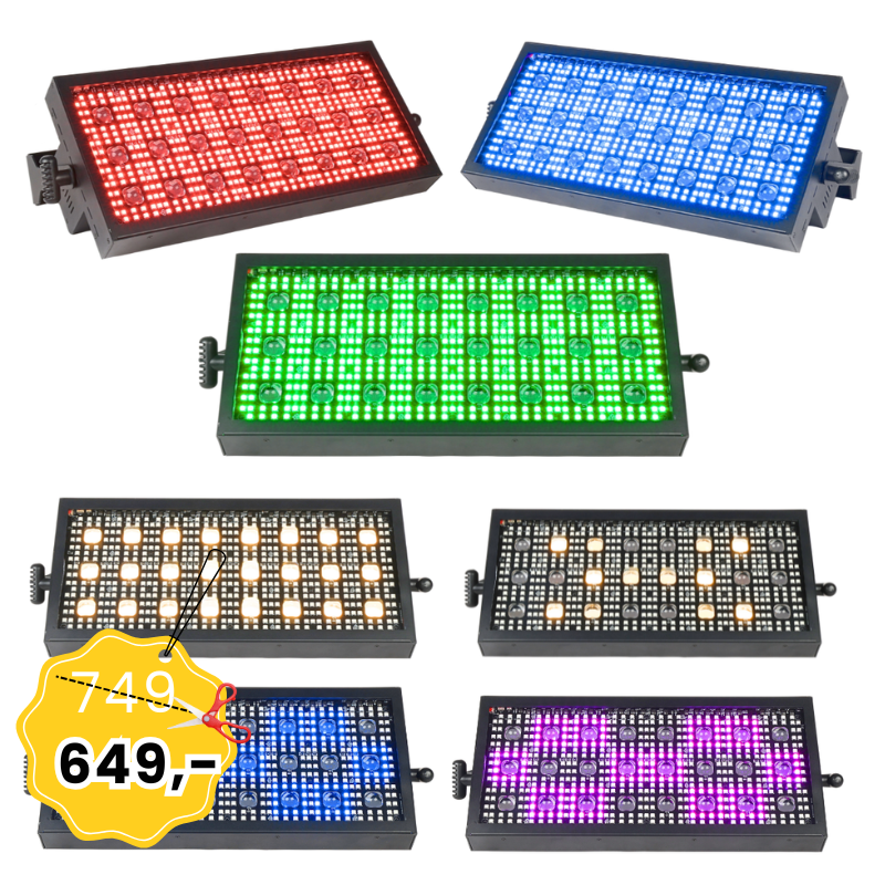 LIGHT4ME VENOM STROBE PANEL V2 stroboskop sceniczny efekt oświetleniowy LED DMX 524x0,3W RGB SMD 5050+24x3W WW uchwyt montażowy