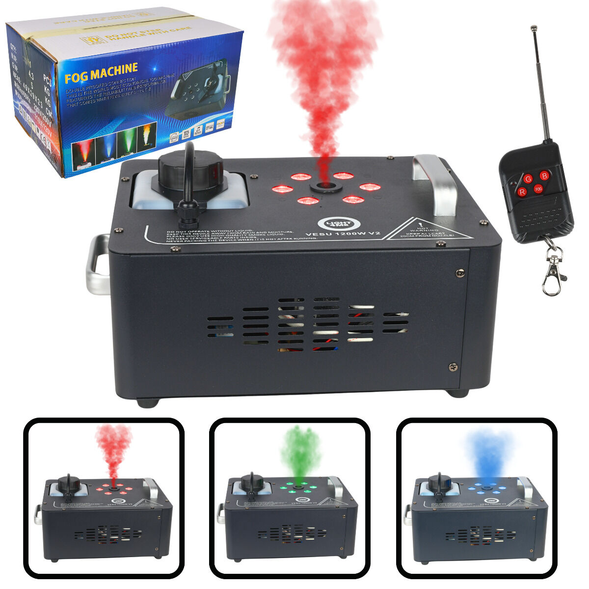 LIGHT4ME VESU 1200W V2 generator wytwornica dymu pionowego mgły DMX efekt świetlny 6x1W RGB LED pilot bezprzewodowy rączki do przenoszenia