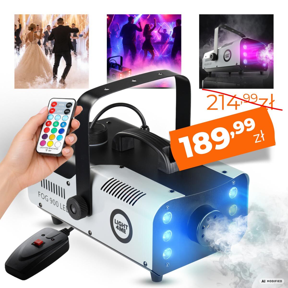 LIGHT4ME FOG 900 LED wytwornica dymu mgły pilot bezprzewodowy kontroler przewodowy 900W efekt świetlny 6x3W RGB