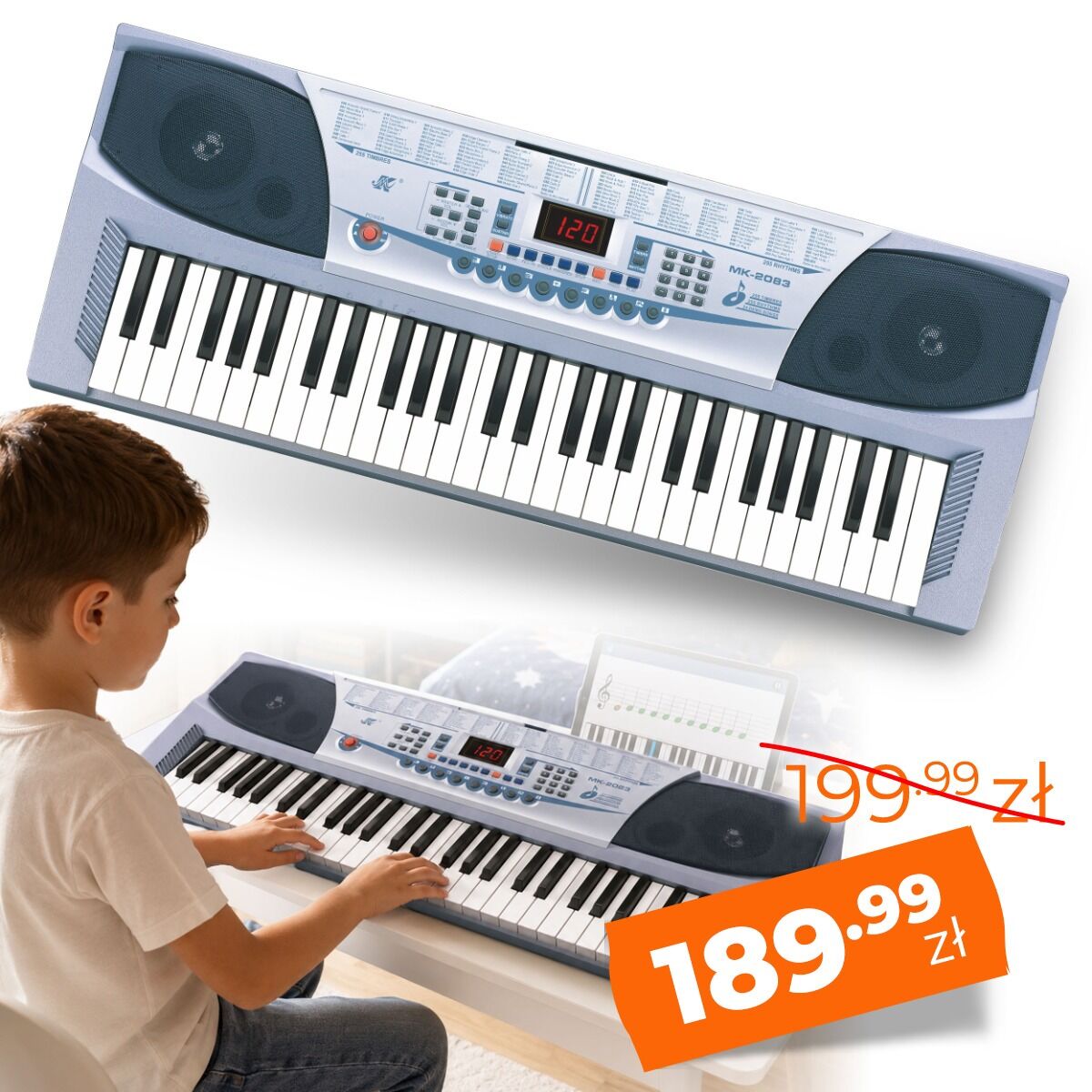 MK 2083 KEYBOARD elektroniczny edukacyjny przenośny srebrny 54 klawisze instrument dla dzieci do nauki gry pulpit do nut mikrofon przewodowy wbudowane głośniki wyjście słuchawkowe zestaw