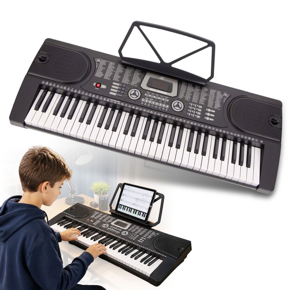 MK 2089 KEYBOARD elektroniczny edukacyjny przenośny czarny 61 klawiszy instrument dla dzieci do nauki gry pulpit do nut mikrofon przewodowy wbudowane głośniki wyjście słuchawkowe zestaw