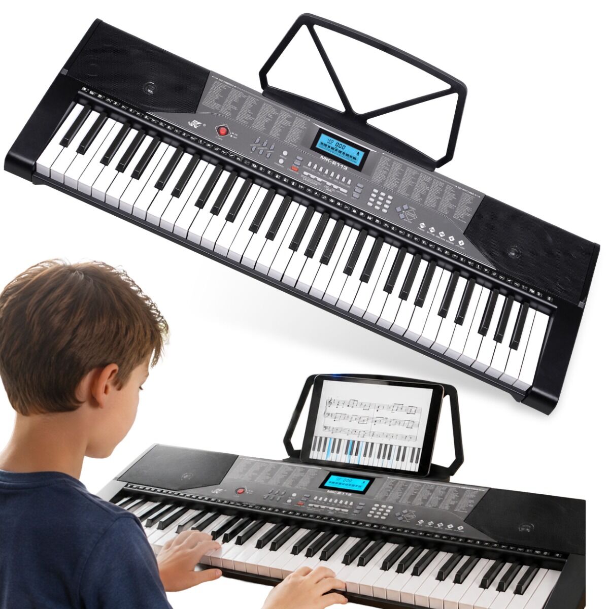 MK 2113 KEYBOARD elektroniczny edukacyjny przenośny czarny 61 klawiszy Bluetooth instrument dla dzieci do nauki gry pulpit do nut wbudowane głośniki wyjście słuchawkowe zestaw