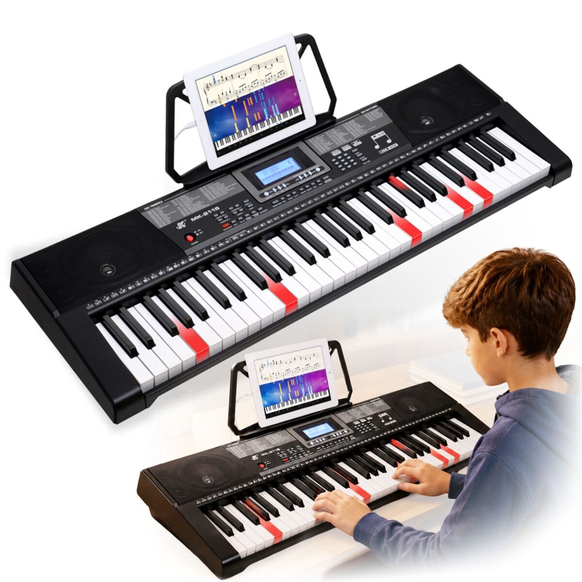 MK 2115 KEYBOARD elektroniczny edukacyjny przenośny czarny instrument MIDI dla dzieci do nauki gry 61 podświetlanych klawiszy pulpit do nut pedał sustain wbudowane głośniki wyjście słuchawkowe zestaw