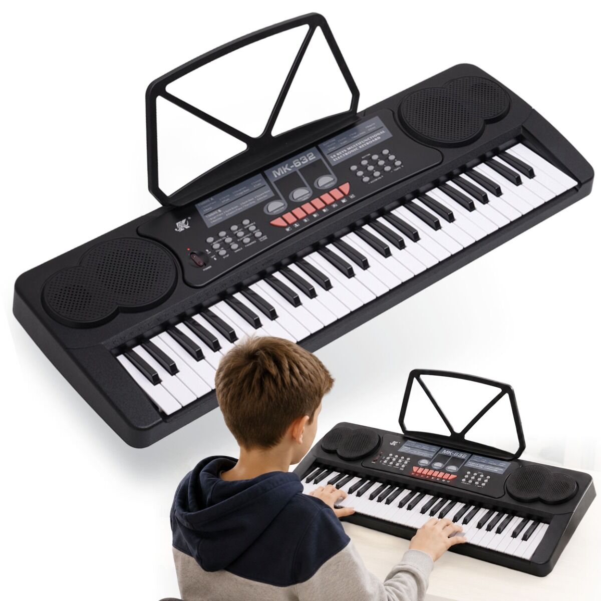 MK 632 KEYBOARD elektroniczny edukacyjny przenośny czarny 54 klawisze instrument dla dzieci do nauki gry pulpit do nut mikrofon przewodowy wbudowane głośniki wyjście słuchawkowe zestaw