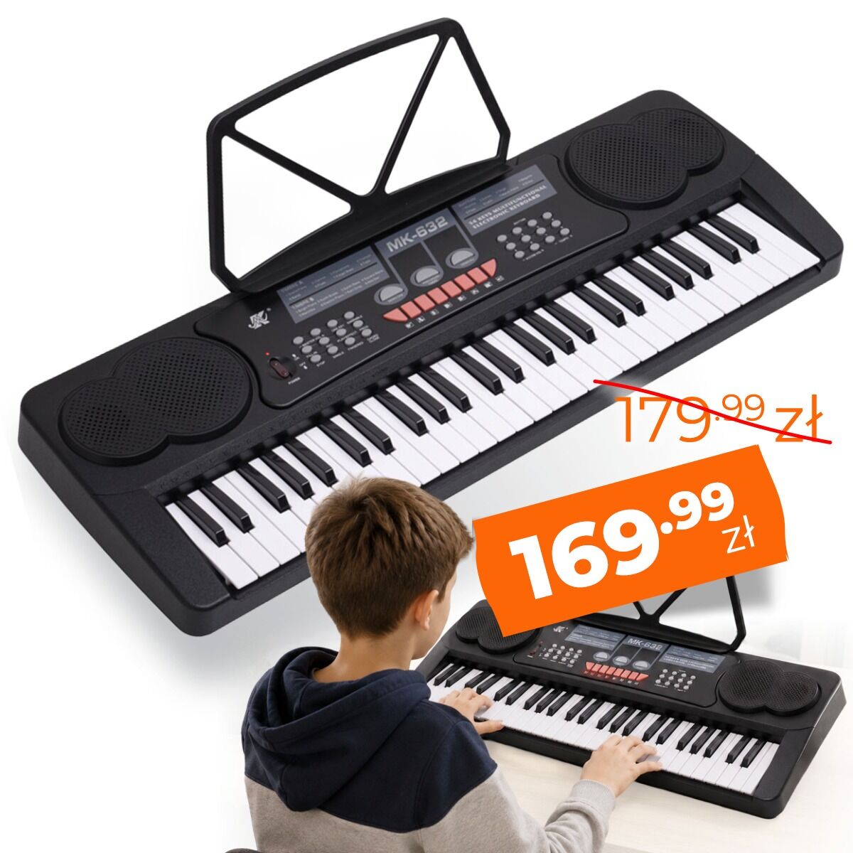MK 632 KEYBOARD elektroniczny edukacyjny przenośny czarny 54 klawisze instrument dla dzieci do nauki gry pulpit do nut mikrofon przewodowy wbudowane głośniki wyjście słuchawkowe zestaw