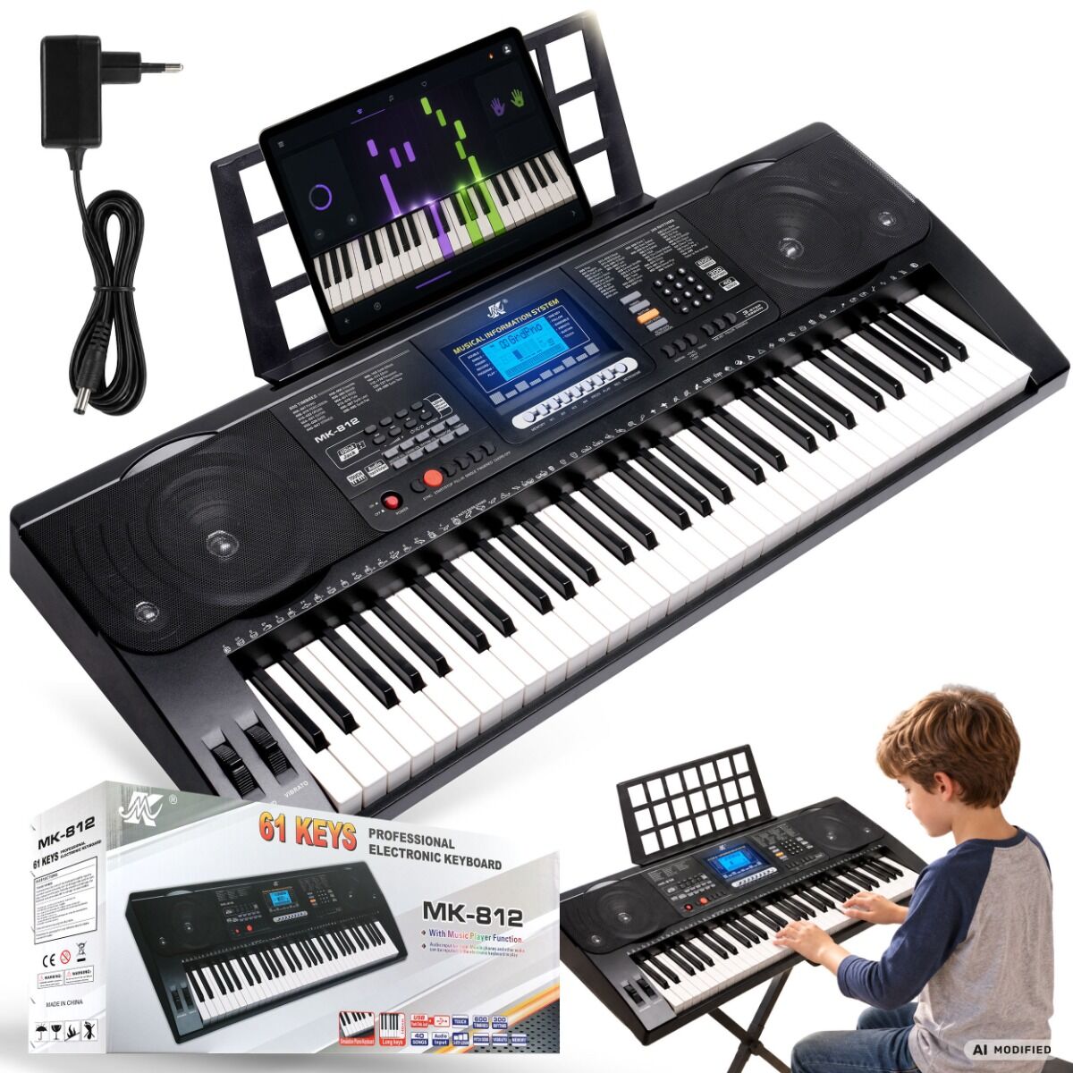 MK 812 KEYBOARD elektroniczny edukacyjny przenośny 61 dynamicznych klawiszy pulpit do nut odtwarzacz MP3 USB głośniki wyjście słuchawkowe