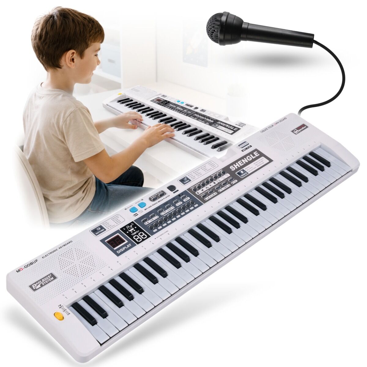 MQ 008UF KEYBOARD elektroniczny edukacyjny przenośny biały 61 klawiszy instrument dla dzieci do nauki gry odtwarzacz MP3 radio FM mikrofon przewodowy wbudowane głośniki stereo wyjście słuchawkowe zestaw