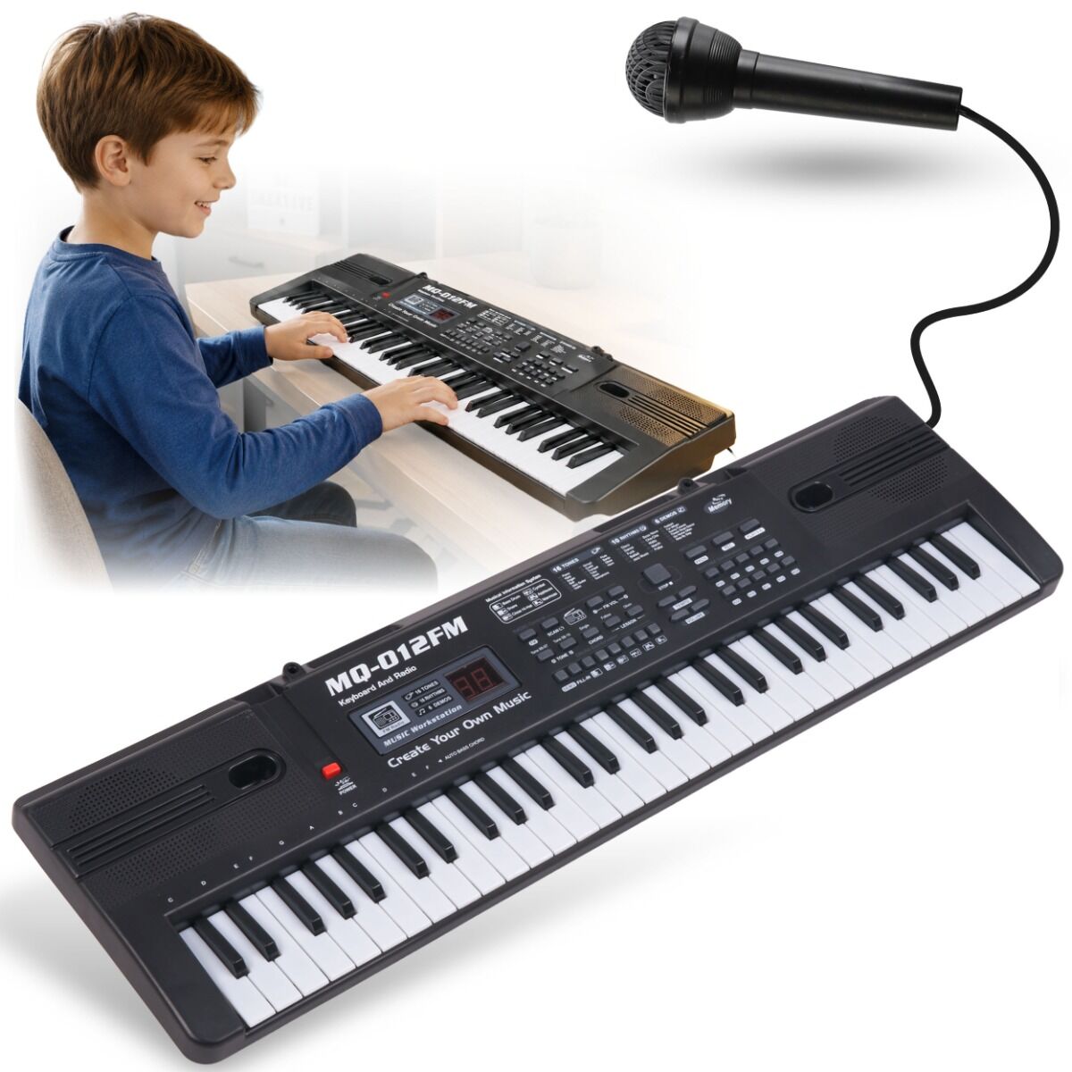 MQ 012FM KEYBOARD elektroniczny edukacyjny przenośny biały 61 klawiszy instrument dla dzieci do nauki gry radio FM mikrofon przewodowy wbudowany głośnik wyjście słuchawkowe zestaw