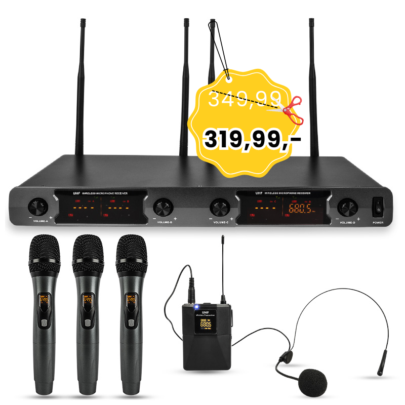 NN WMIC4 mikrofon bezprzewodowy 3x nadajnik doręczny + transmiter nagłowny bodypack system nagłośnienia UHF 648,5-690 MHz